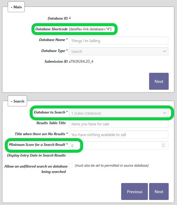 Where the shortcode can be found on the database/ search settings page.