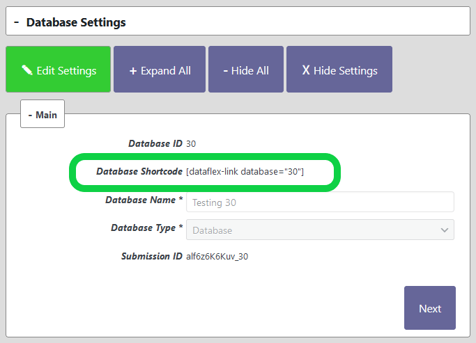 Where the shortcode can be found on the database/ search settings page.
